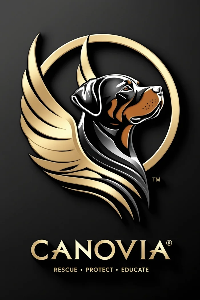 Canovia Logo: Hundekopf mit goldenem Flügel, Schriftzug CANOVIA, Rescue · Protect · Educate